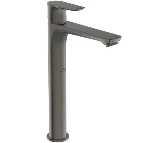 Helle Armatur von Ideal Standard mit einem schlanken Design und einem schmalen Auslauf. Die Oberfläche ist in einem eleganten Grau gehalten.